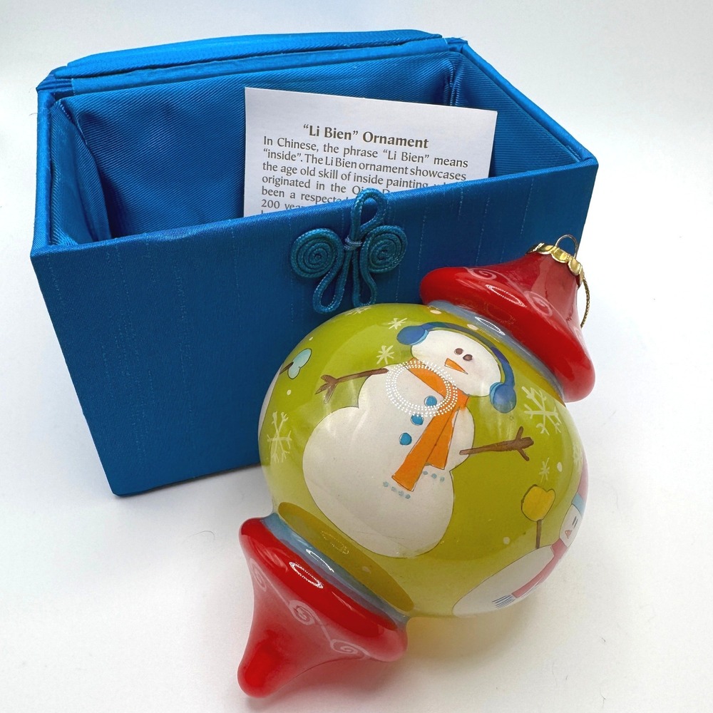 Pier 1 Li Bien 2008 Snowman Finial Glass Christmas Ornament Hand Painted Box